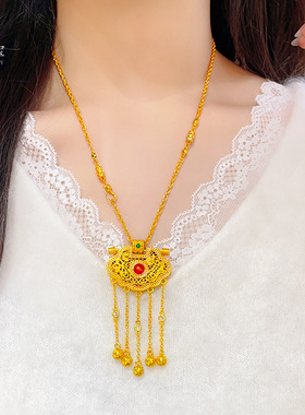 金店同款越南沙金点钻龙凤流苏锁包吊坠项链镂空天子门生项链复古