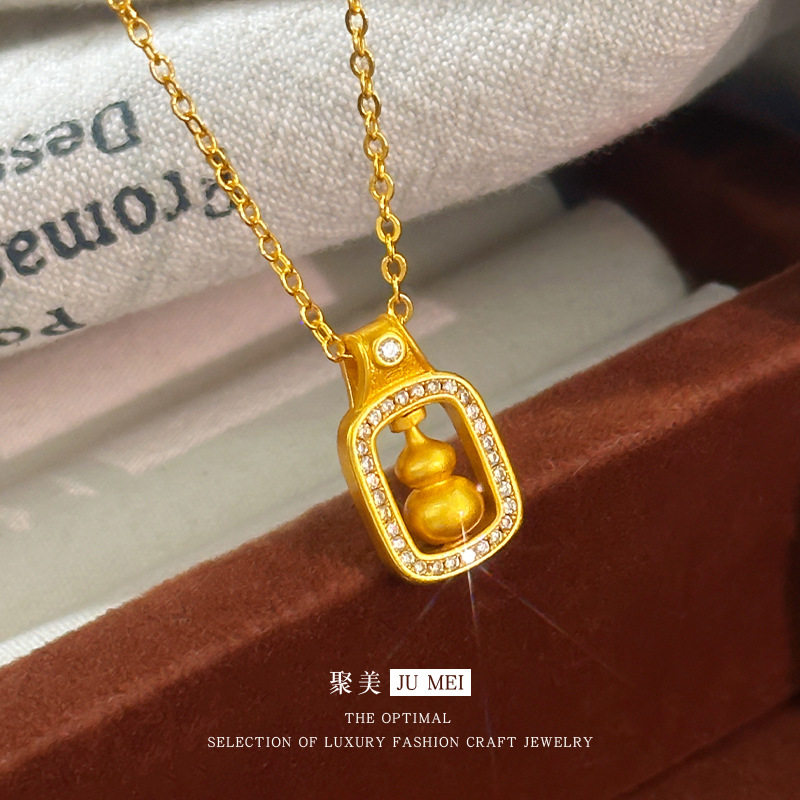 新中式越南沙金迷你古法葫芦项链可转动微镶葫芦仿真金色锁骨项链