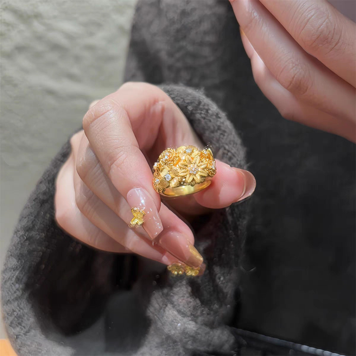越南沙金999繁花锦簇开口戒指女款高颜值镶嵌点钻食指戒仿真金色