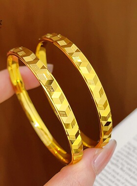 金店同款越南沙金亮面立体福字手镯实心几何图形方块镯子仿真金色
