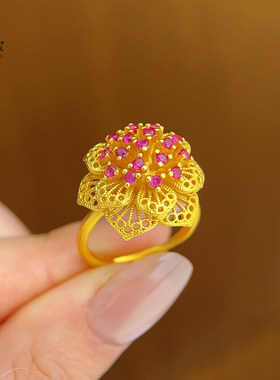 新中式越南沙金玫红钻镂空太阳花戒指花丝锦簇花苞戒指可调节女