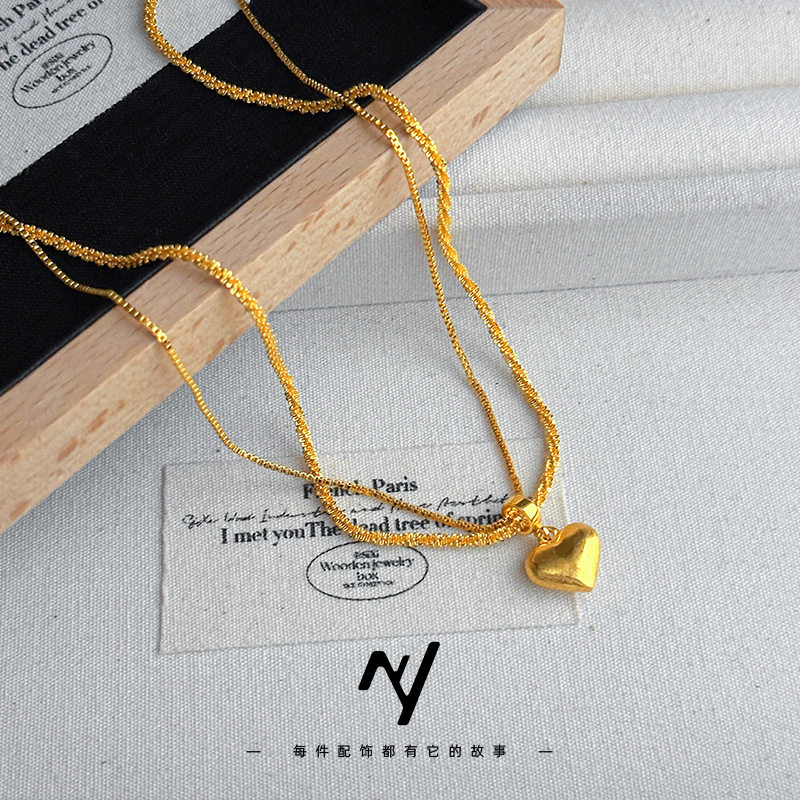爱心沙金气质锁骨项链 女款2026新款高级感双线拉丝桃心项链
