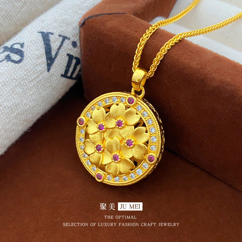 越南沙金不掉色老钱风镂空点钻花朵吊坠精致锁骨仿真金色花项链