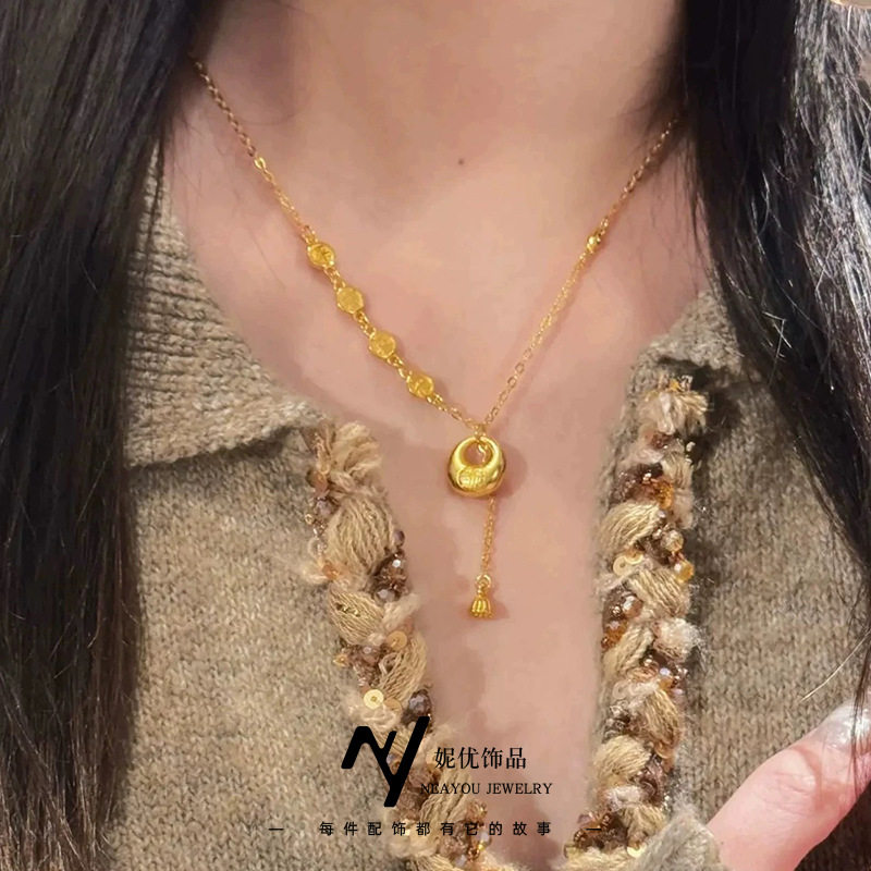 金店同款沙金平安喜乐金坨坨小胖福套链 新中式项链女轻奢高级感