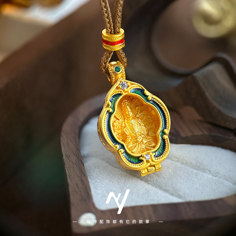 古法越南沙金新中式珐琅彩开合乌嘎盒观音吊坠长款毛衣链仿真金色