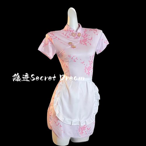 隐迹性感粉嫩纯欲风中华娘温柔显身材短袖连身裙约会制服qqny
