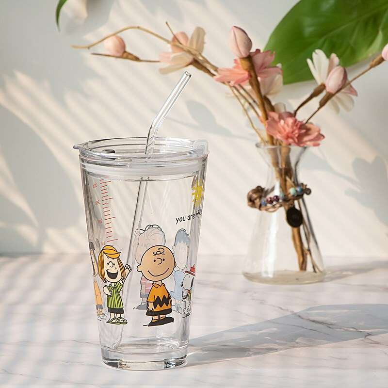 韩国ins风卡通玻璃水杯耐热带盖吸管早餐牛奶杯可爱卡通饮料杯