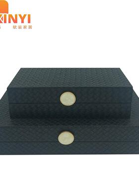 手工制作新中式家居木质黑色复古编织纹软装收纳盒样板房饰品摆件