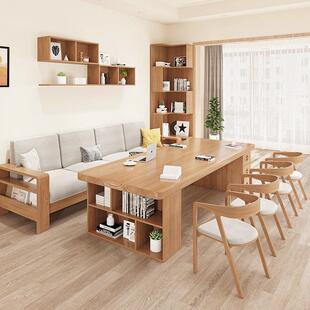 北欧实木客厅大长书桌配沙发书架书柜一体多功能双人学习桌带抽屉