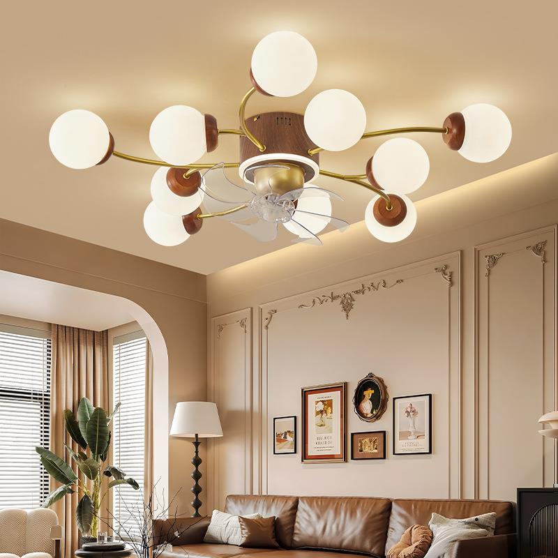 魔豆灯客厅中古风扇吸顶灯木纹新款儿童度摇头现代核桃餐厅吊扇灯