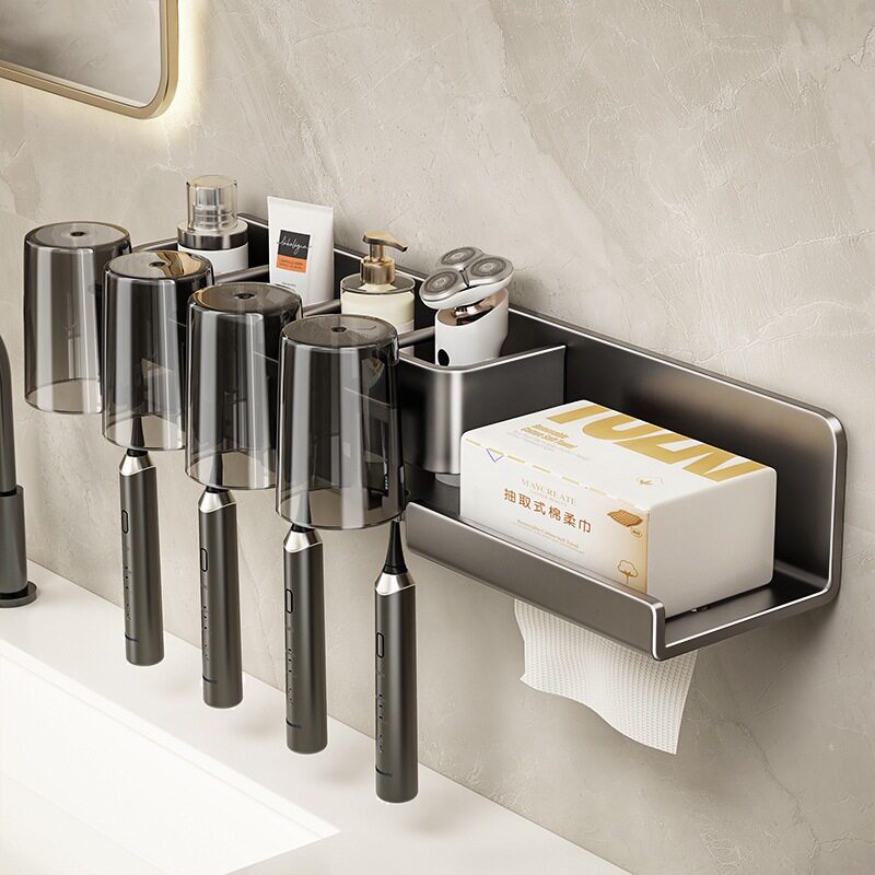 电动牙刷架子置物架卫生间免打孔漱口杯牙杯壁挂式纸巾架一体收纳