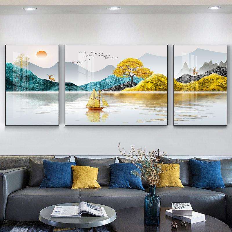 客厅晶瓷三联画麋鹿石来运转装饰画沙发墙画立体晶瓷挂画