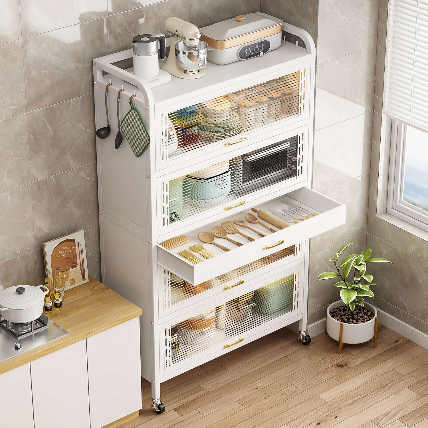 厨房橱柜置物架落地多层置物柜带门多功能碗筷锅具电器收纳储物柜