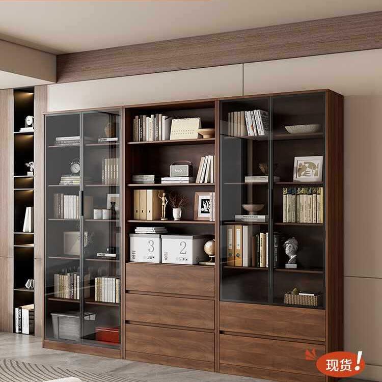 实木书柜储物柜一体家用客厅靠墙展示柜置物架带玻璃门整墙落地柜