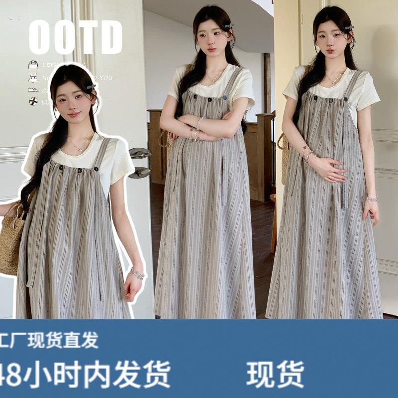 孕妇夏装短袖套装2026夏季新款棉麻透气背带裙打底上衣显瘦两件套