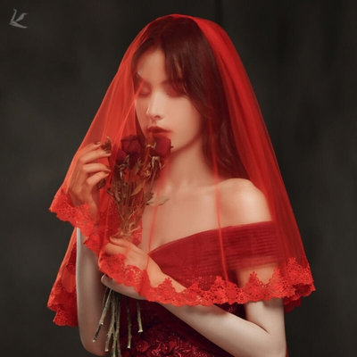 新娘红盖头结婚中式秀禾头纱高档蕾丝半透明红色网纱古风蒙头喜帕