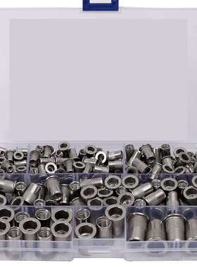 跨境199PCS 盒装 6种尺寸/M3-M10 304不锈钢平头拉铆螺母套件