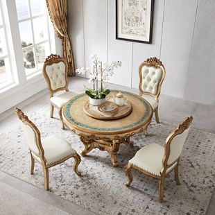全实木香槟色欧式 彩绘桌子 餐桌椅组合餐桌圆形饭桌餐厅带转盘法式