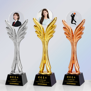 彩印人像水晶树脂奖杯照片月嫂优秀教师员工年会颁奖表彰销冠奖品