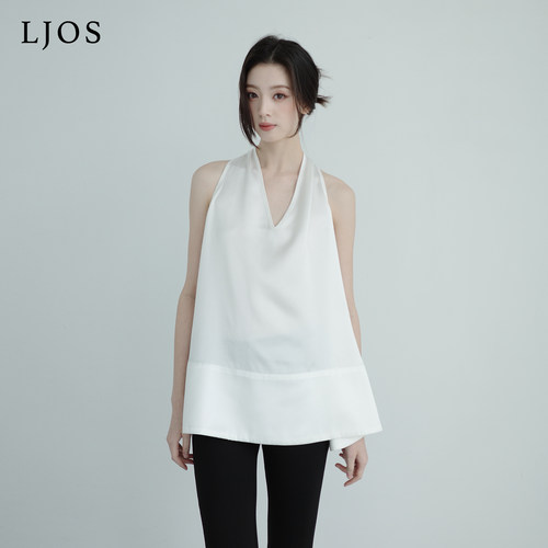 LJOS | 珍珠白缎光醋酸露背挂脖上衣极简显白高级感背心通勤温柔