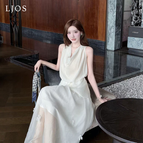 LJOS |月光柔白荡领挂脖绑带醋酸上衣2026夏季新品白色无袖背心