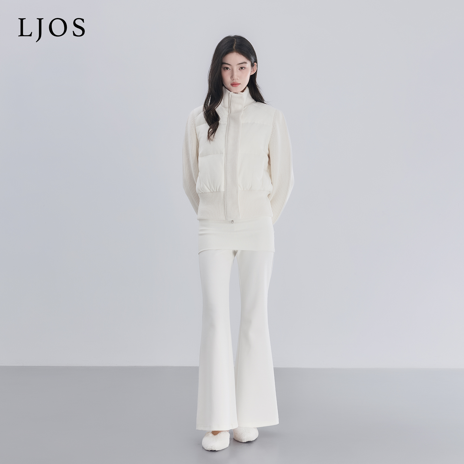 LJOS | 牛奶白中低腰翻边修身休闲长裤2025冬百搭显瘦简约白色裤