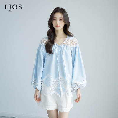 LJOS | 晨空蓝镂空刺绣拼接衬衫2026早春新品蓝色上衣简约气质