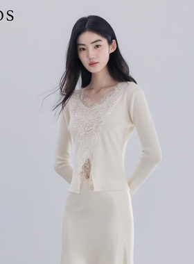 LJOS | 2.0中古花卉钉珠修身针织衫2025冬杏色刺绣毛衣优雅显瘦