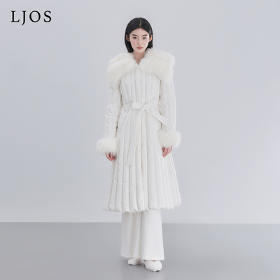 LJOS狐狸毛领醋酸面料收腰绑带鹅绒服白色鹅绒羽绒服外套长款显瘦