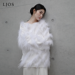 LJOS | 雾雪白狐狸毛拼接针织衫2025冬钉钻温柔宽松高级感毛衣