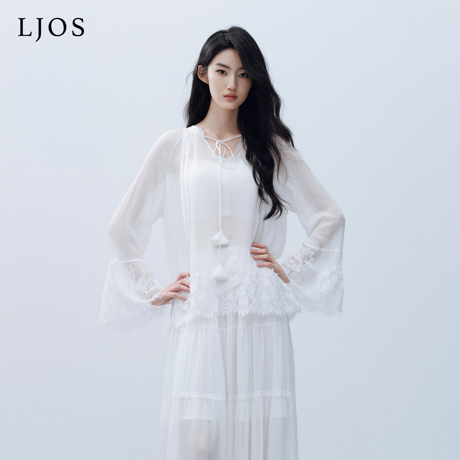 LJOS | 浅云白睫毛蕾丝拼接人丝衬衫2026早春新品白色衬衫简约