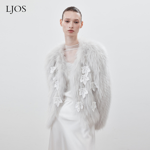 LJOS银树叶流苏浅灰色貉子毛皮草短款 外套高级感重工编织稀有秋冬