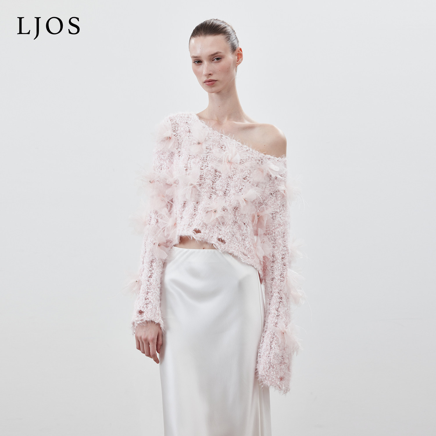 【徐如蓝同款】LJOS手工花朵立体镂空毛衣2025冬粉色毛衣露肩显瘦