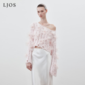 徐如蓝同款 LJOS手工花朵立体镂空毛衣2025冬粉色毛衣露肩显瘦