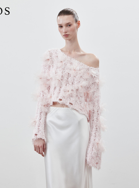 【徐如蓝同款】LJOS手工花朵立体镂空毛衣2025冬粉色毛衣露肩显瘦