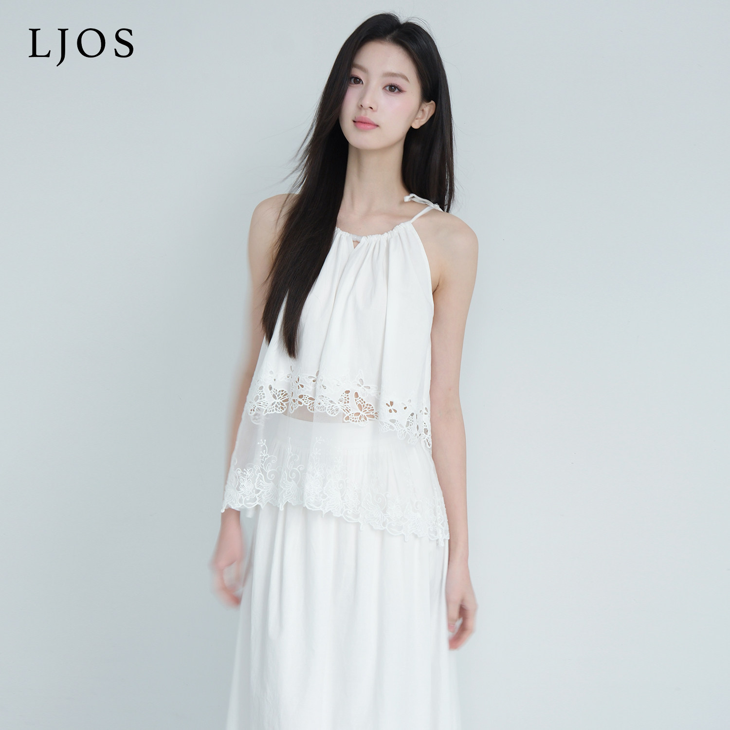 LJOS |象牙白蝴蝶刺绣网纱拼接挂脖吊带上衣2026夏季纯棉白色上衣