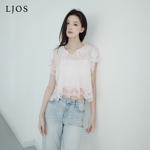 LJOS｜清透浅粉苎麻镂空刺绣短袖衬衫透气显瘦高级感上衣时髦温柔