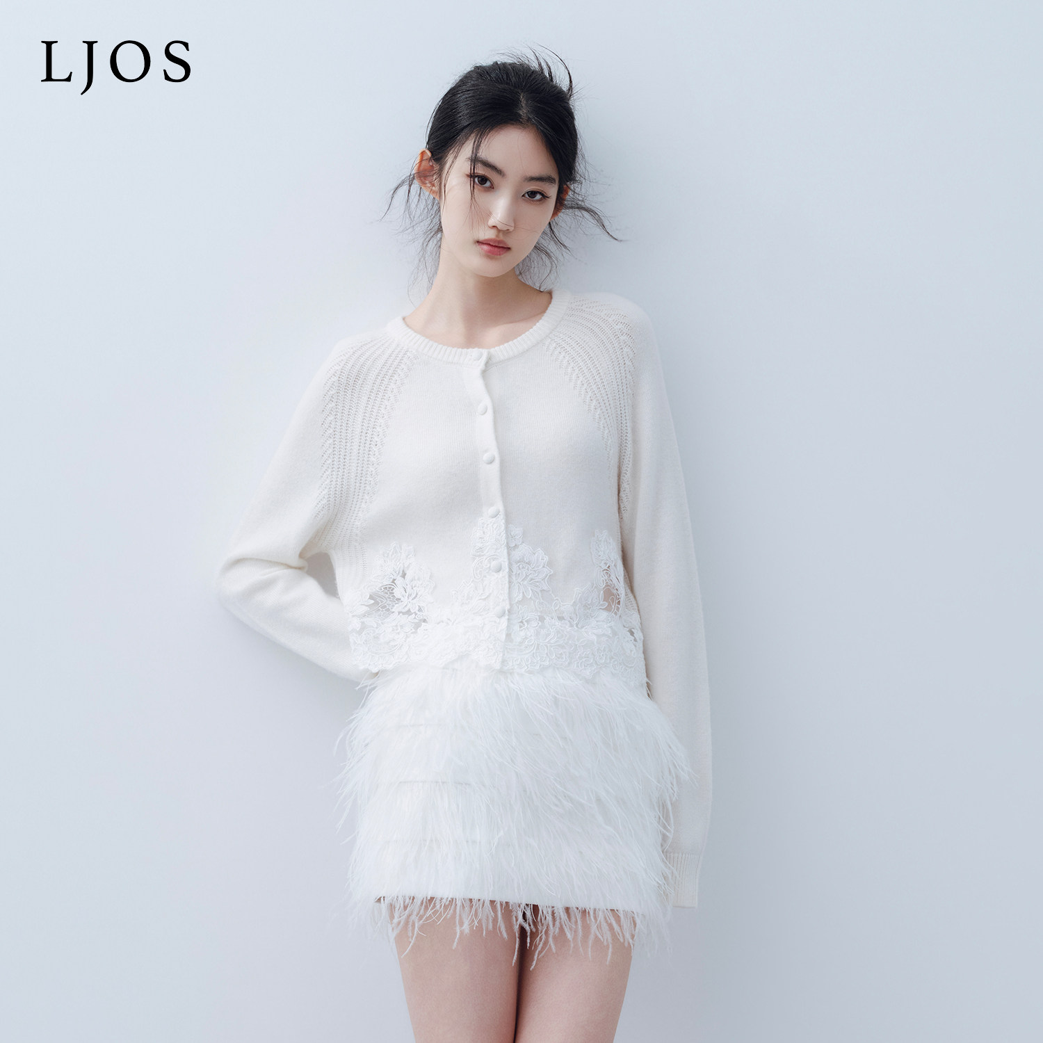 LJOS｜法式刺绣蕾丝羊绒开衫凝霜白2026早春新品白色毛衣针织衫