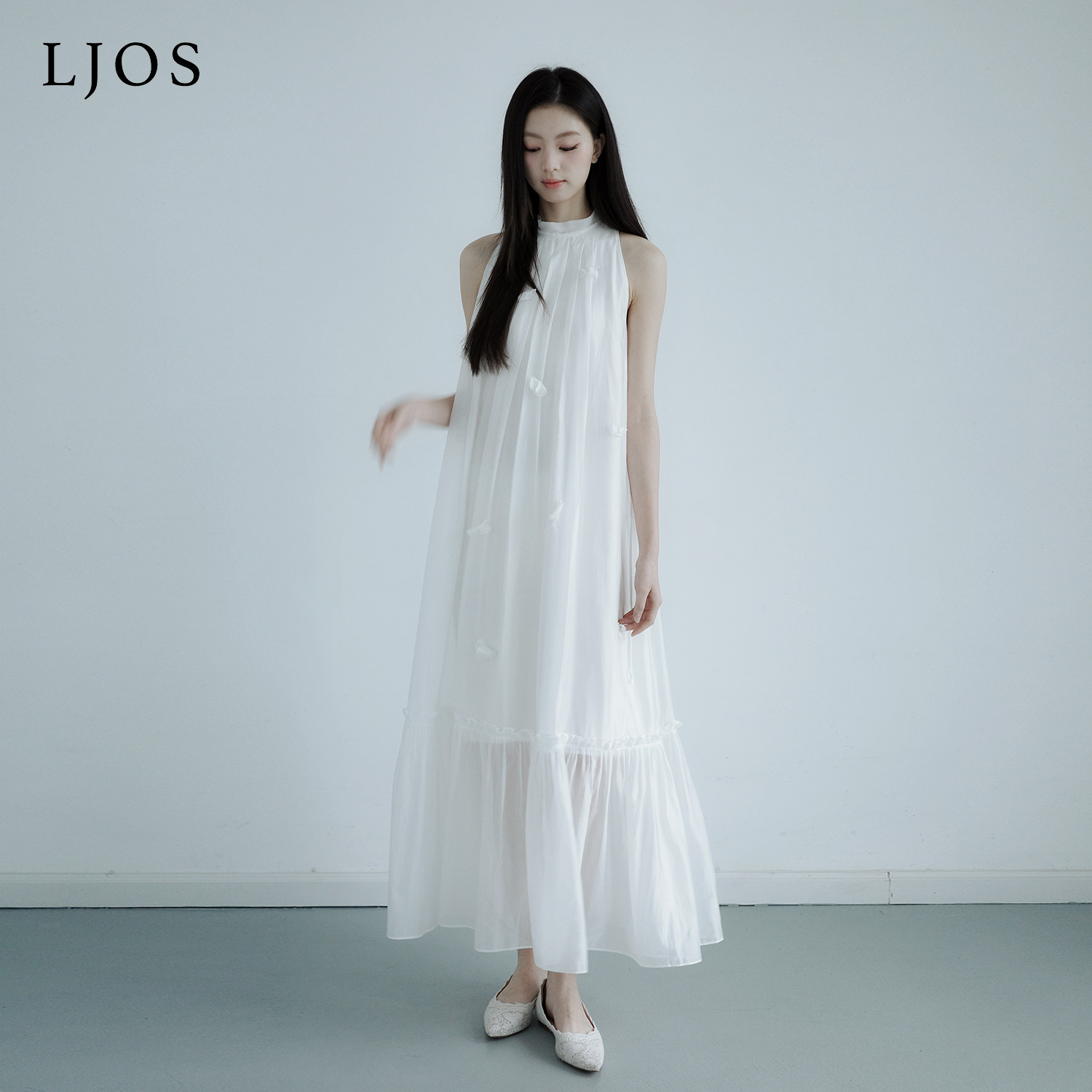 LJOS |玉山白落花无袖人丝欧根纱连衣裙2026夏季新品白色长裙