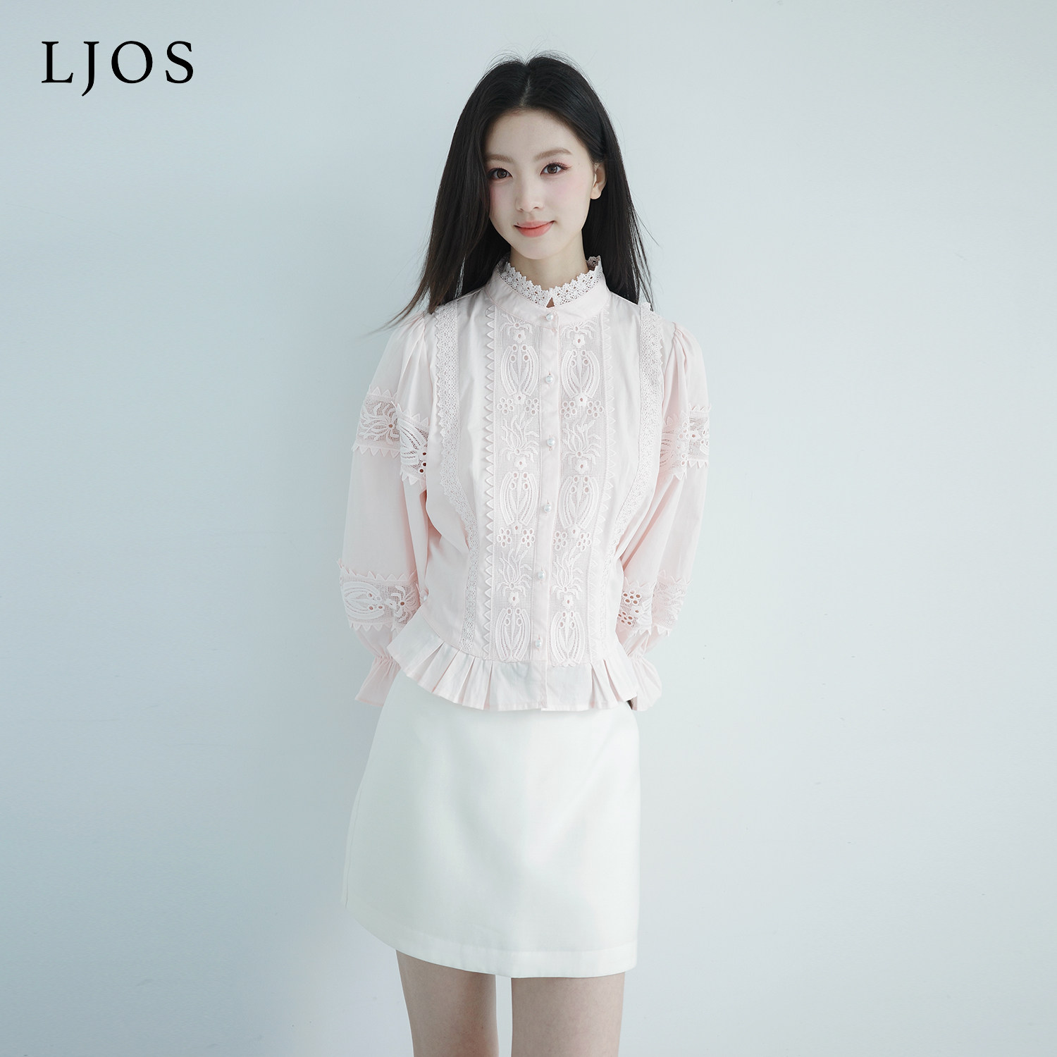 LJOS |樱雾粉宫廷风刺绣花苞袖衬衫2026夏季新品粉色长袖纯棉上衣