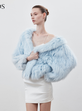 LJOS连帽狐狸毛皮草外套短款蓝色粉色温柔大衣气质优雅重工编织