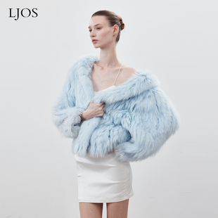 LJOS连帽狐狸毛皮草外套短款蓝色粉色温柔大衣气质优雅重工编织
