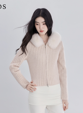 LJOS | 肉桂乌龙羊毛大狐狸毛领针织外套2025冬杏色温柔短外套