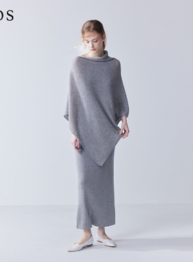 LJOS｜烟雨灰银丝线亮片羊毛披肩连衣裙2025早秋两件套灰色套装