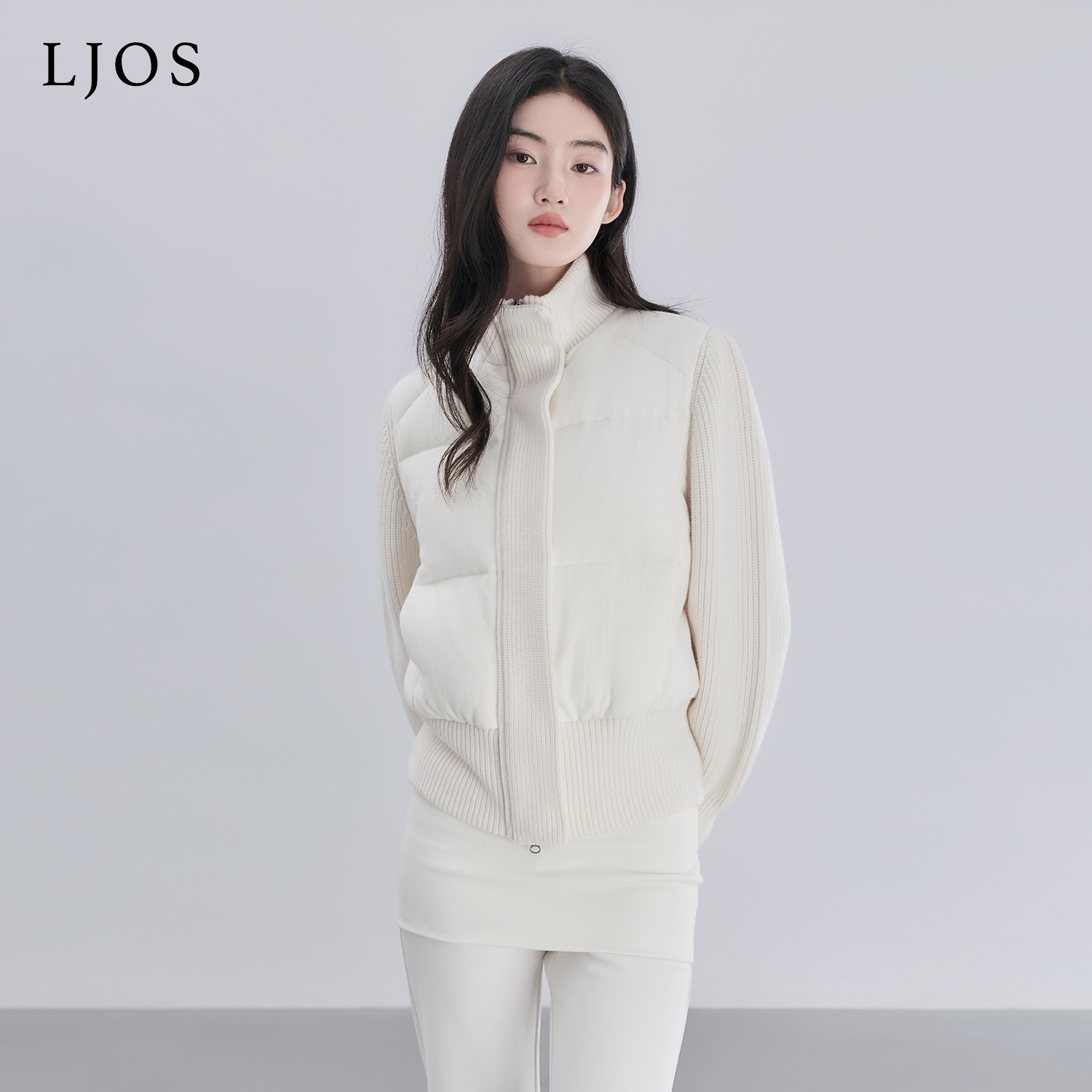 LJOS | 白玉色毛呢针织拼接羽绒服2025冬简约短款女外套休闲风