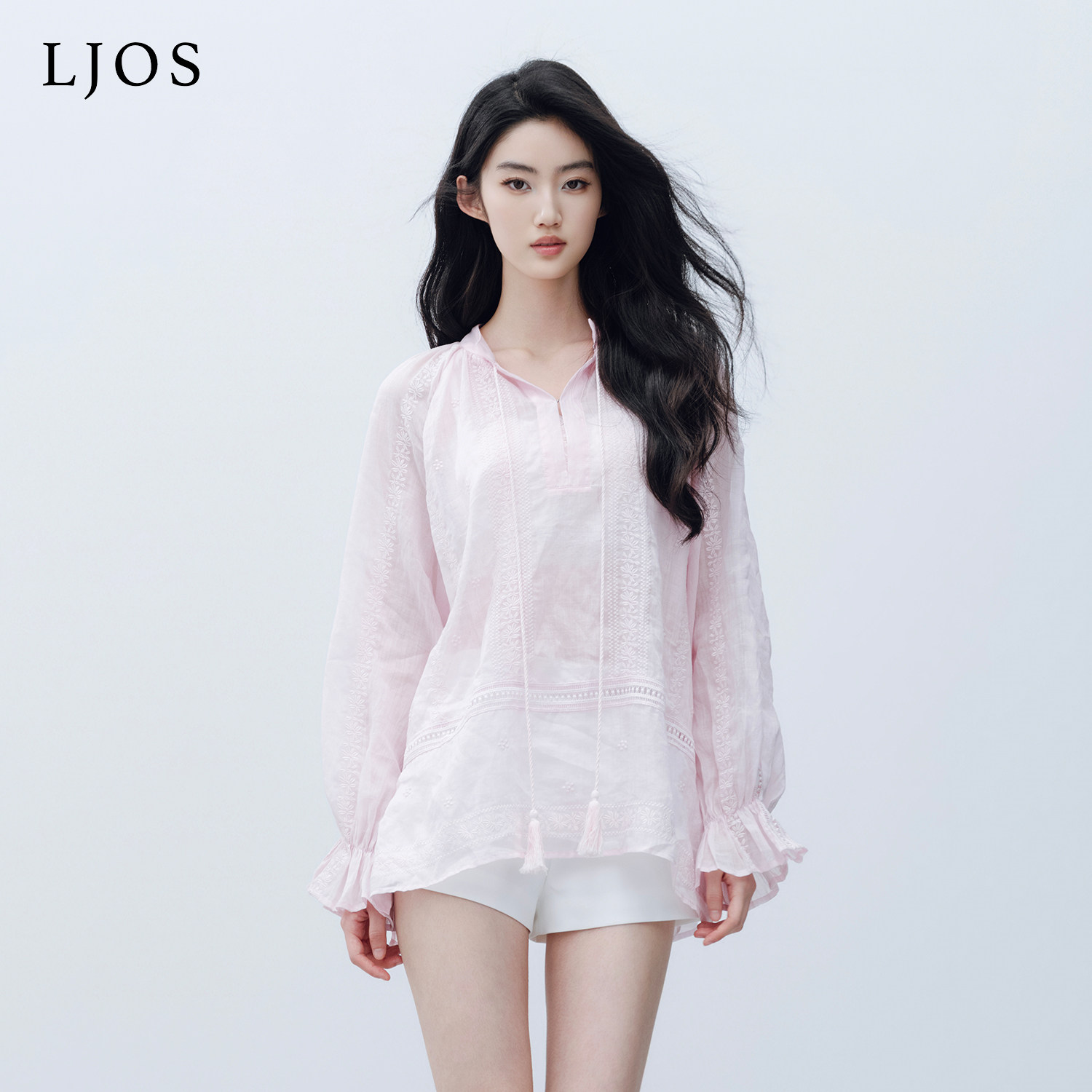 LJOS | 芍药粉重工定制花朵刺绣苎麻衬衫2026早春新品粉色上衣