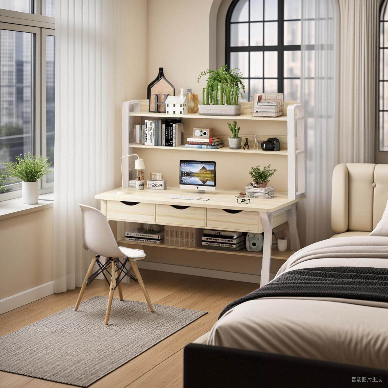 电脑桌台式家用书桌书架一体简约现代学生卧室学习桌办公书桌子