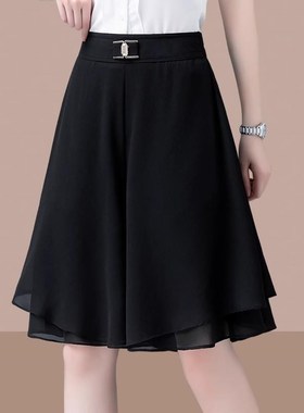 黑色雪纺阔腿短裤女大码夏季薄款2A024新款高腰a字休闲五分裙裤女
