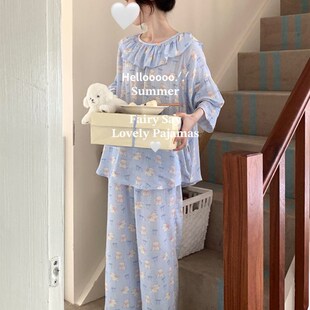 夏天H空调房甜美可爱睡衣家居服 炒鸡软糯 薄款 全棉双层纱长袖 长裤