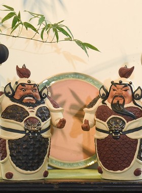石湾公仔陶瓷g门神摆件哼哈二将中式家居客厅玄关电视柜工艺装饰